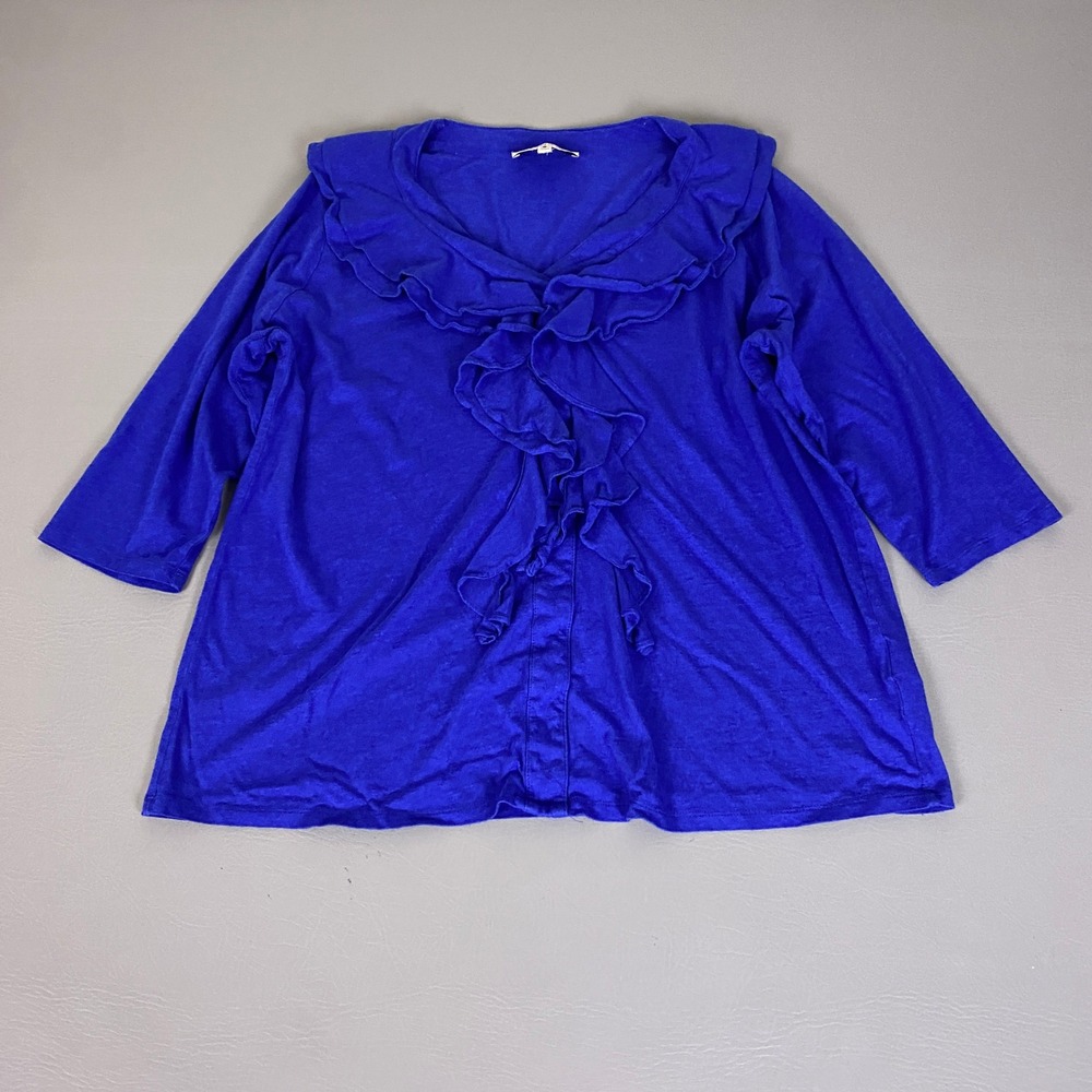 Jones New York Blouse Top Women Plus Size 1X Royal Blue Ruffle V-Neck 3/4 Sleeve